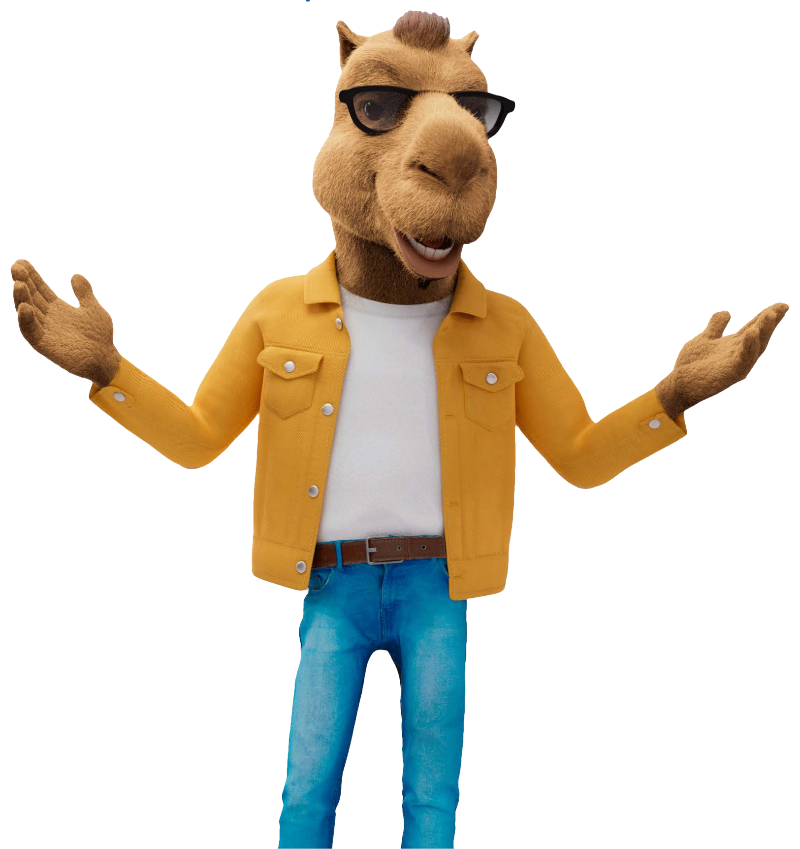 InsuraCo guide camel smiling with open arms